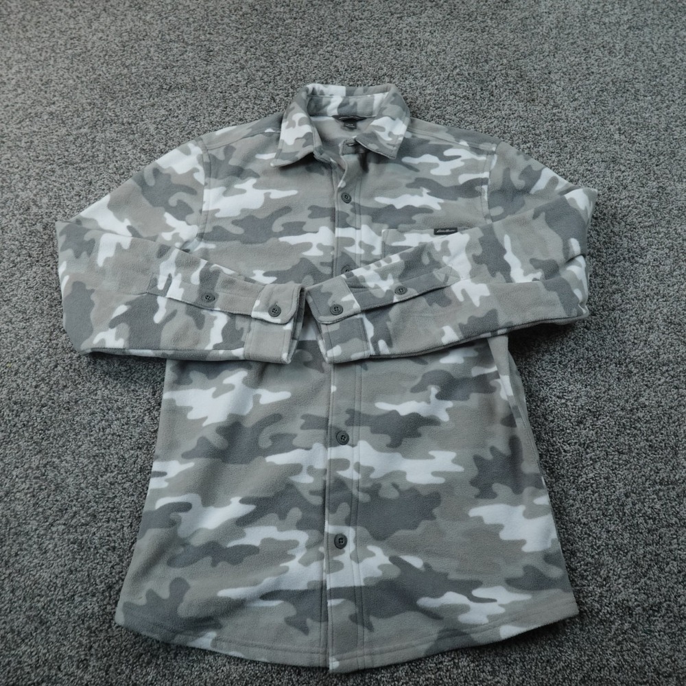 Eddie Bauer Jacket Mens S Gray Camo Fleece Button Up Long Sleeve Shirt Shacket